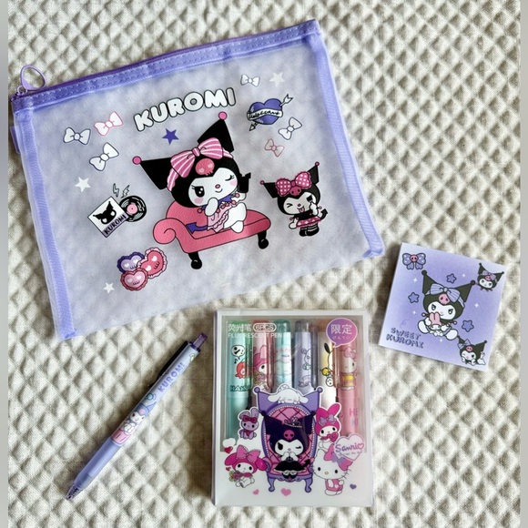 New Sanrio Kuromi Zip Pouch, Pen, Highlighter Markers, Note Pad - Set of 4 - Picture 2 of 7